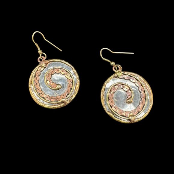 Artisan Made Pierced Earrings Mixed Tooled Metal Copper Brass Circle Statement - Picture 1 of 4